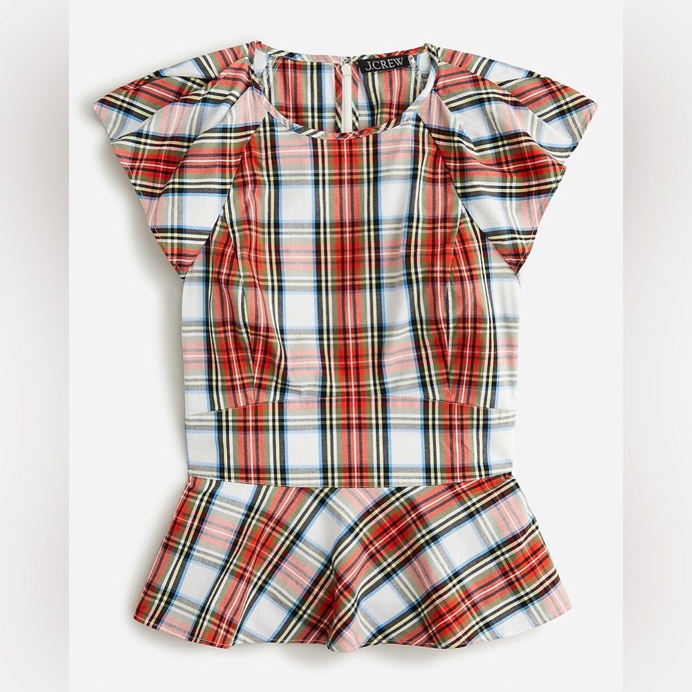 J. Crew Snowy Stewart Tartan Peplum Top Blouse Flutter Cap Sleeve